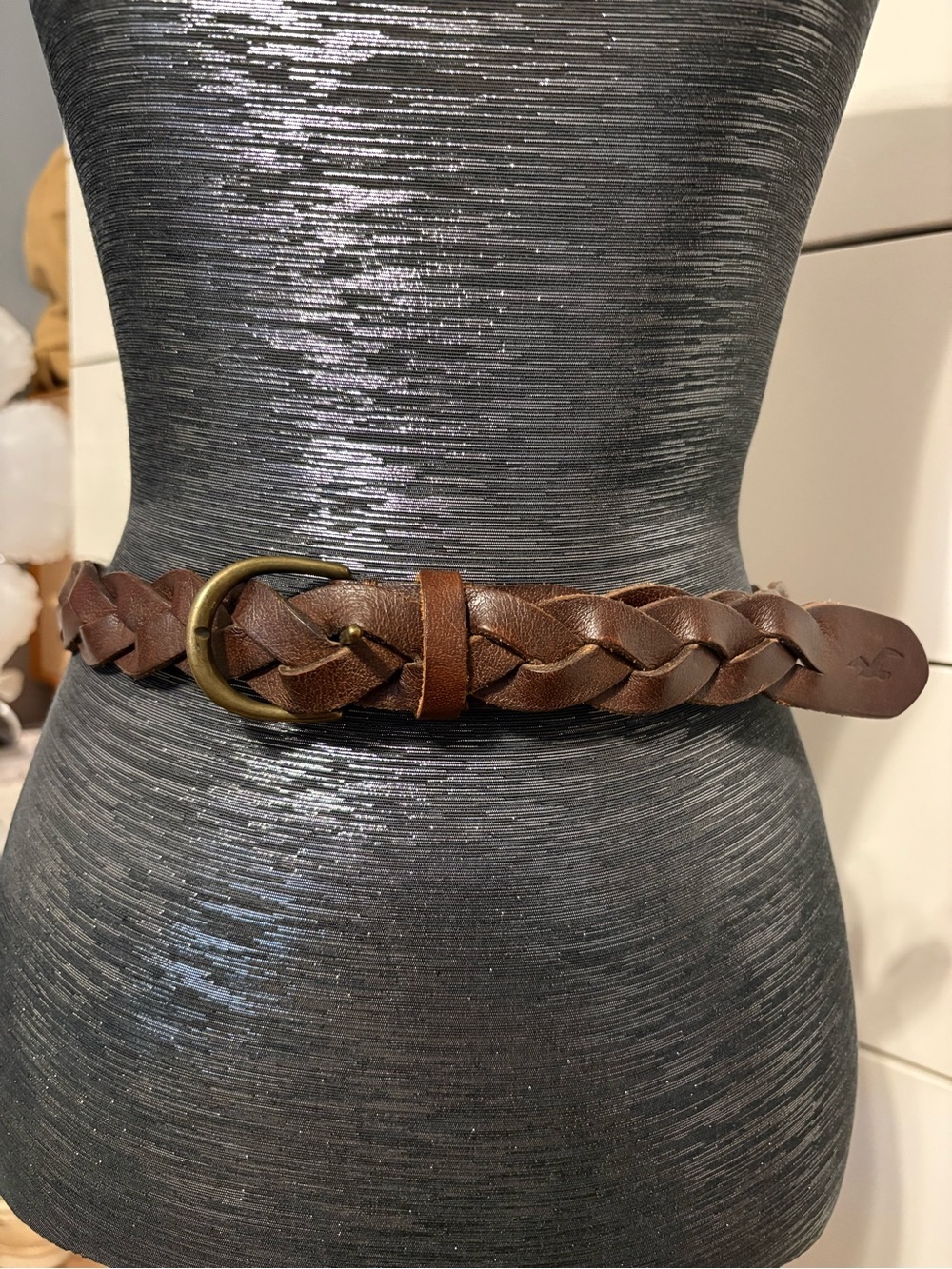 Hollister Braided Leather Belt in Dark Brown with Brass Buckle